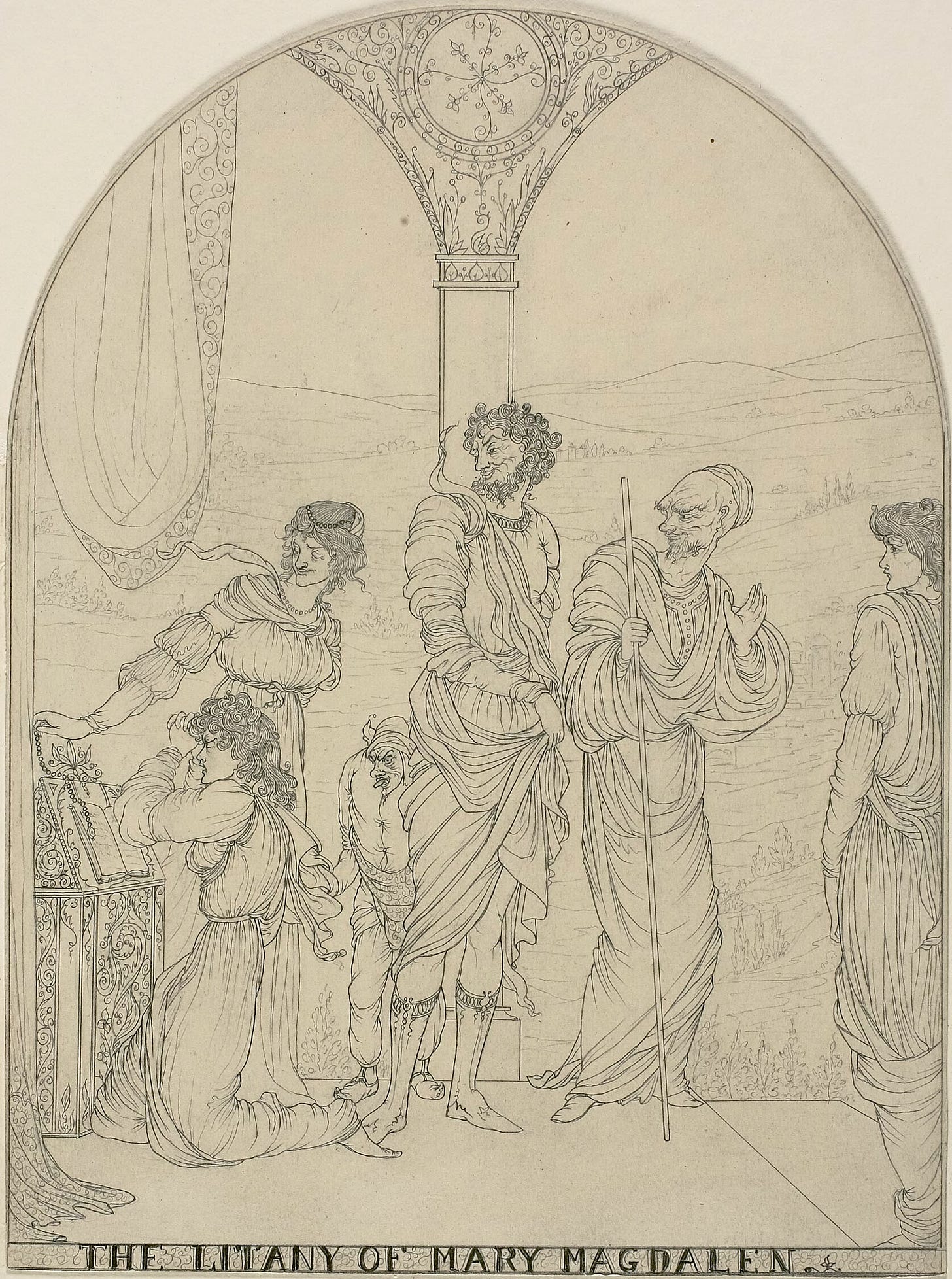 Lithograph, woman kneeling in prayer, men and a woman leering at her