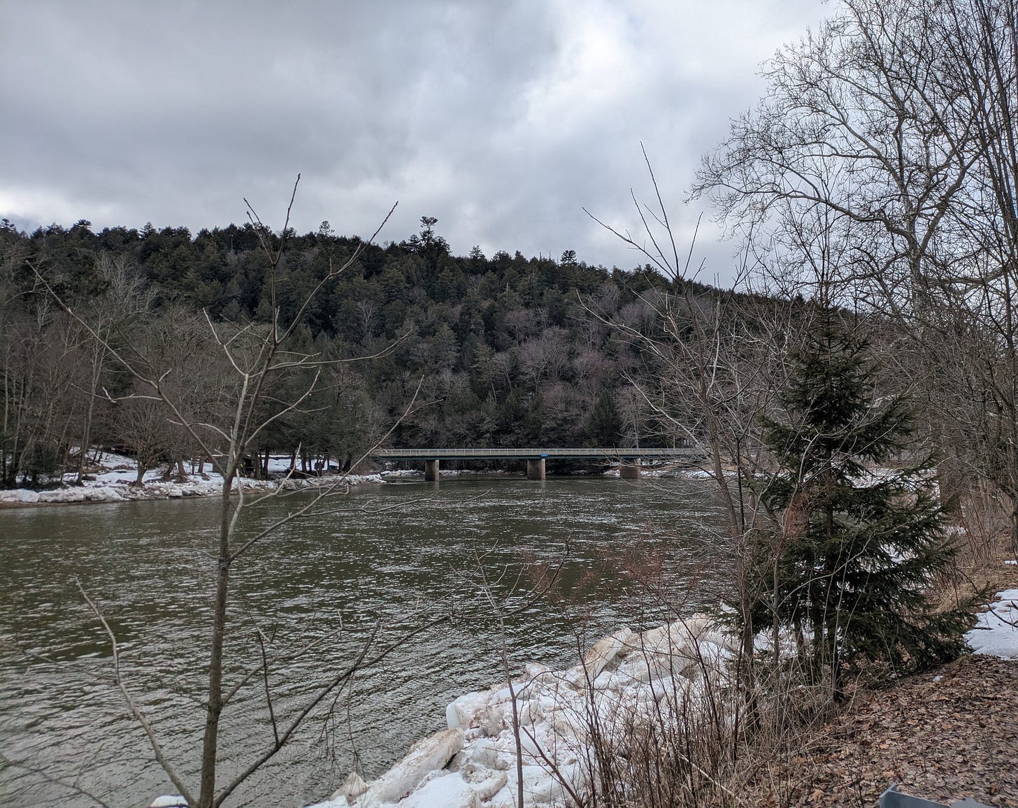 A bridge over a wide river, framed by a hill covered in hemlock trees. The banks of the river hold huge blocks of ice from when the water was frozen over.