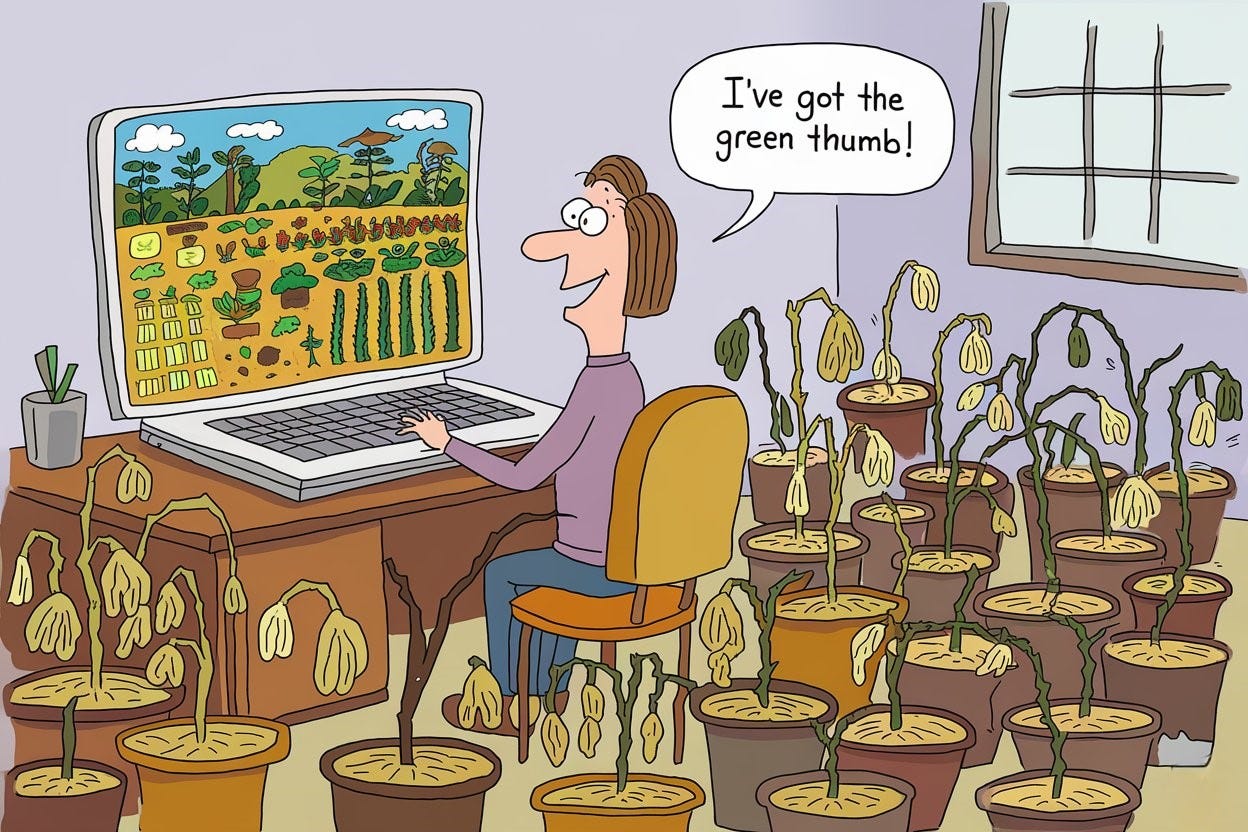 Cartoon illustration: Woman sits at a desk in front of a laptop that displays a lush and thriving farm with vibrant green plants and crops. She smiles proudly and says, "I've got the green thumb!" Around her room are many pots with real plants that are yellow, dry, wilting, and dead, with brown leaves and drooping stems.