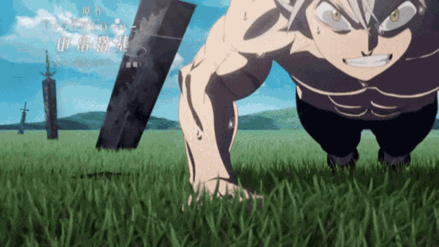a man is doing push ups in a field with a sword in the background