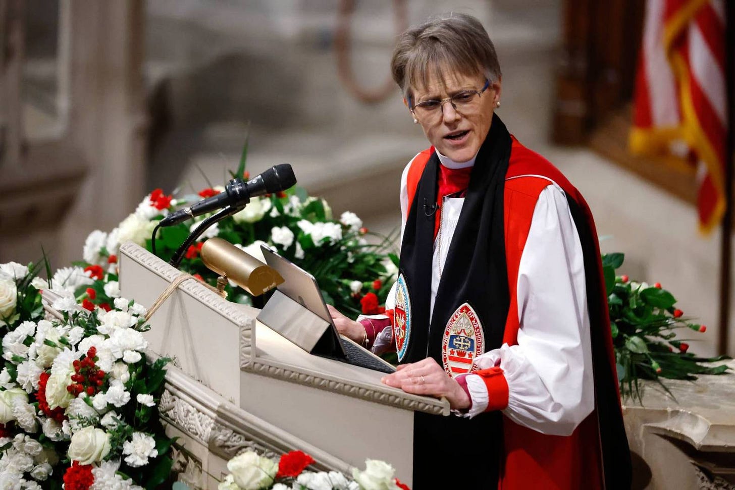 WASHINGTON, DC - JANUARY 21: Bishop Mariann Edgar Budde delivers a sermon during the National Prayer Service at Washington National Cathedral on January 21, 2025 in Washington, DC. Tuesday marks Trump's first full day of his second term in the White House. (Photo by Chip Somodevilla/Getty Images)