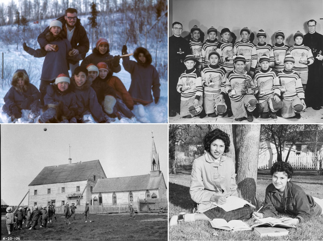 Personal accounts from Rodney Clifton (pictured with children at top left), a former dorm supervisor in two residential schools, and the Grey Nuns counter the dominant narrative of brutal punishment and oppression, recounting stories of games, laughter and cultural celebrations. 