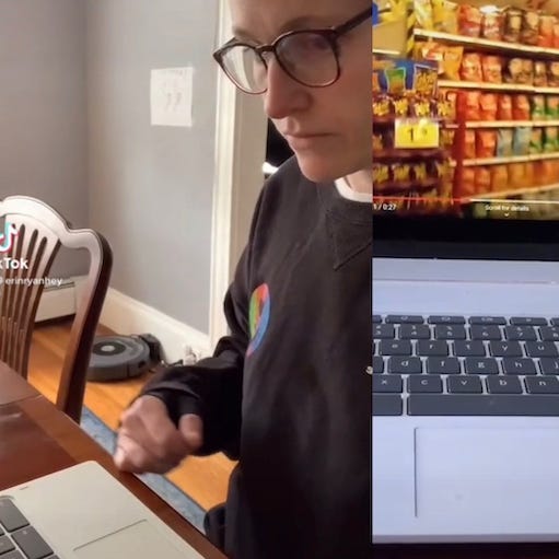 The author, white woman with glasses, sits at computer watching videos of grocery shopping The author, white woman with glasses, sits at computer watching videos of grocery shopping