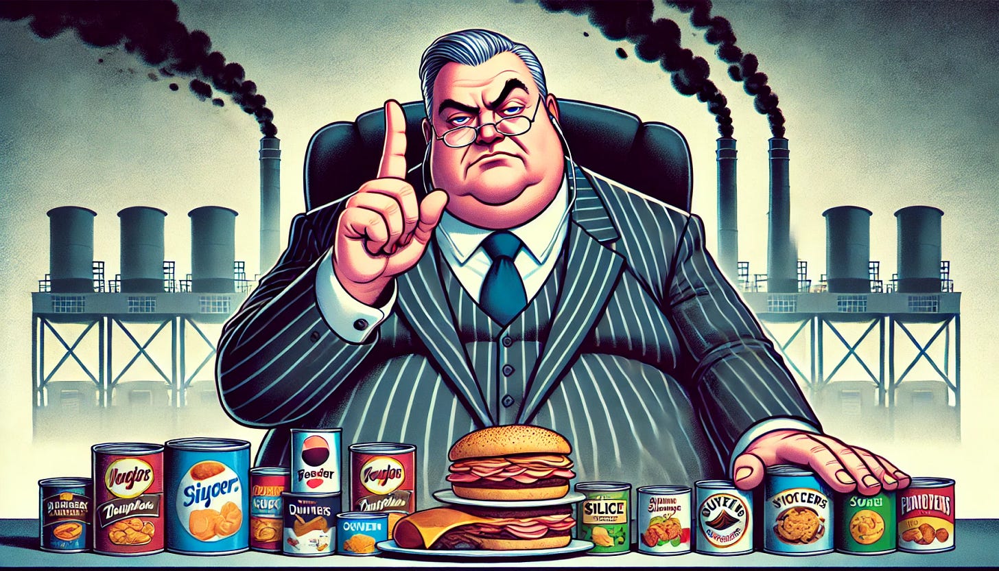 A cartoon in 16:9 format depicting a food industry boss. The character is a middle-aged man in a sharp business suit, slightly overweight, with a smug expression. He is holding up his index finger to silence critics, with a dramatic and condescending gesture. Behind him is a backdrop of a factory emitting smoke and a table piled high with processed foods like canned goods and packaged snacks. The overall style is exaggerated and humorous, emphasizing satire.
