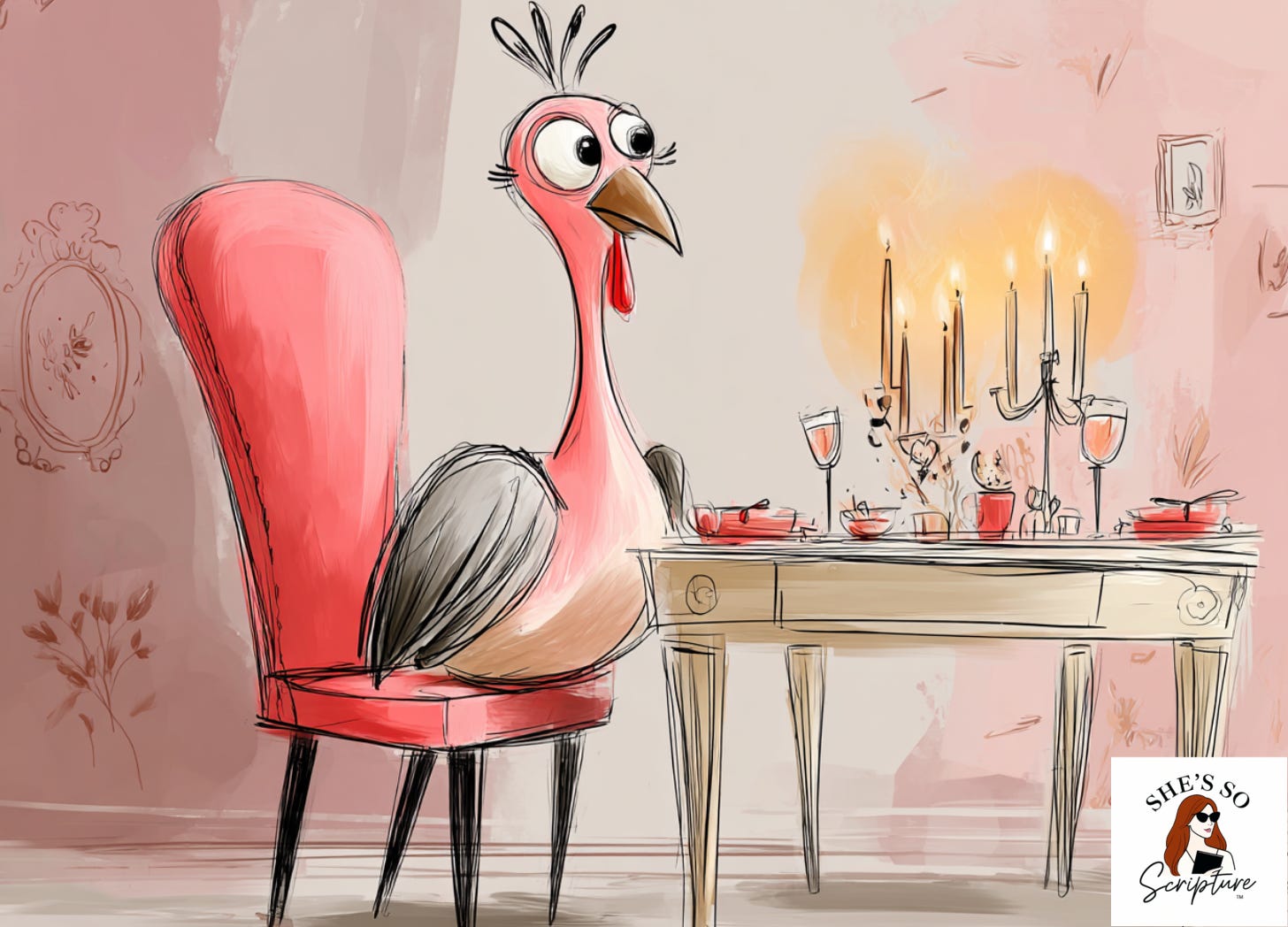 Whimsical illustration of a turkey bird sitting upright at an elegant candlelit dining table, one chair, warm golden candlelight, rich deep plum and cream tones, sketchy ink outlines, watercolor wash background, slightly humorous but dignified