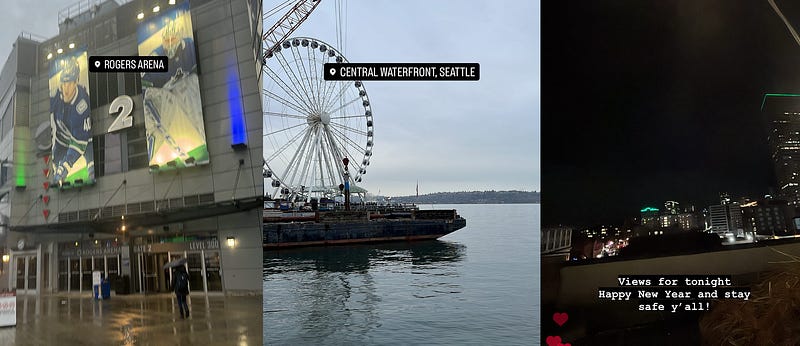 Rogers Arena IG Story pic; Central Waterfront, Seattle IG Story pic; IG Story pic of my view from the roof of the Society Hotel
