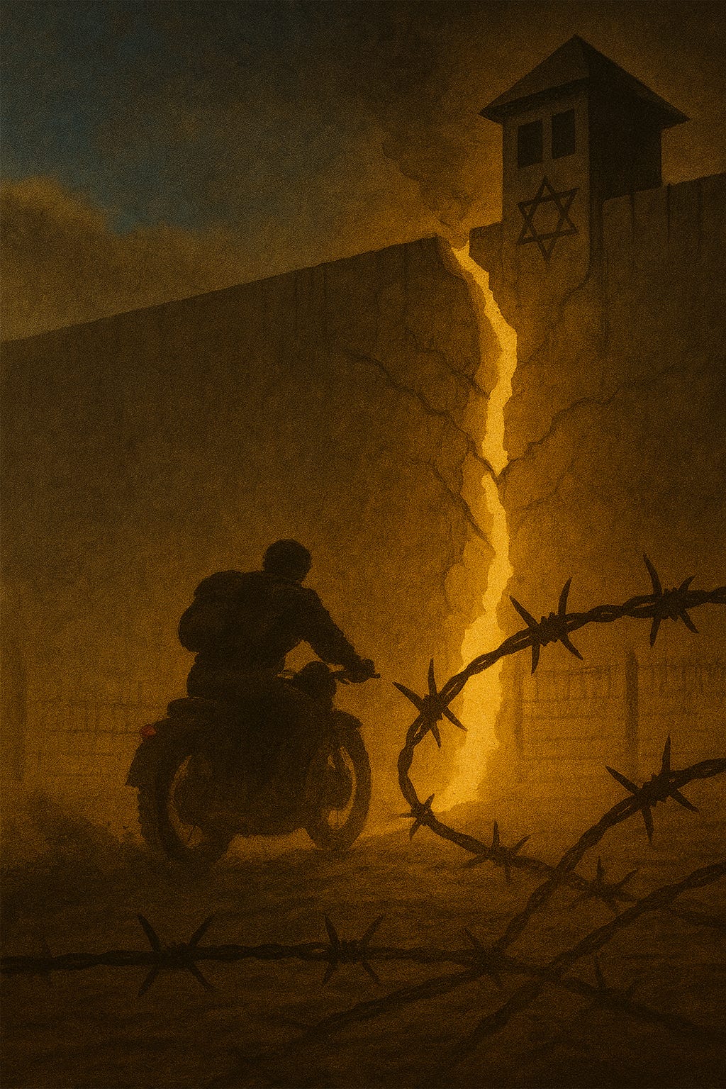 Illustration vintage style cinéma : un motard franchit une large fissure lumineuse dans un mur de prison surmonté de barbelés et d’une tour de garde, symbole de la tentative d’évasion du Moyen-Orient hors de la tutelle américaine. Illustration vintage style cinéma : un motard franchit une large fissure lumineuse dans un mur de prison surmonté de barbelés et d’une tour de garde, symbole de la tentative d’évasion du Moyen-Orient hors de la tutelle américaine.