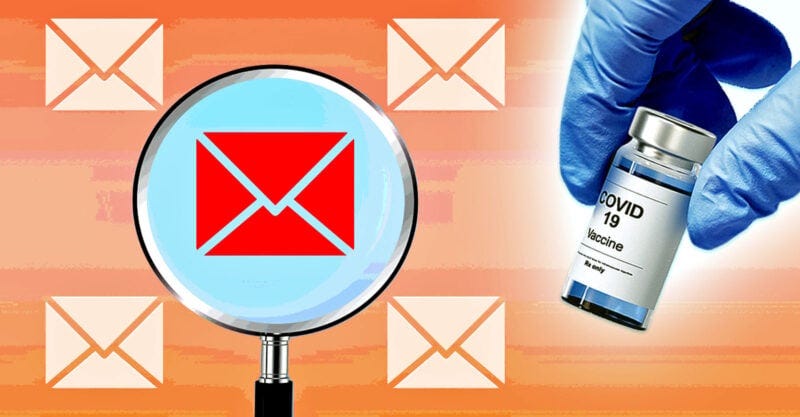 mail icon inside magnifying glass and covid vaccine mail icon inside magnifying glass and covid vaccine