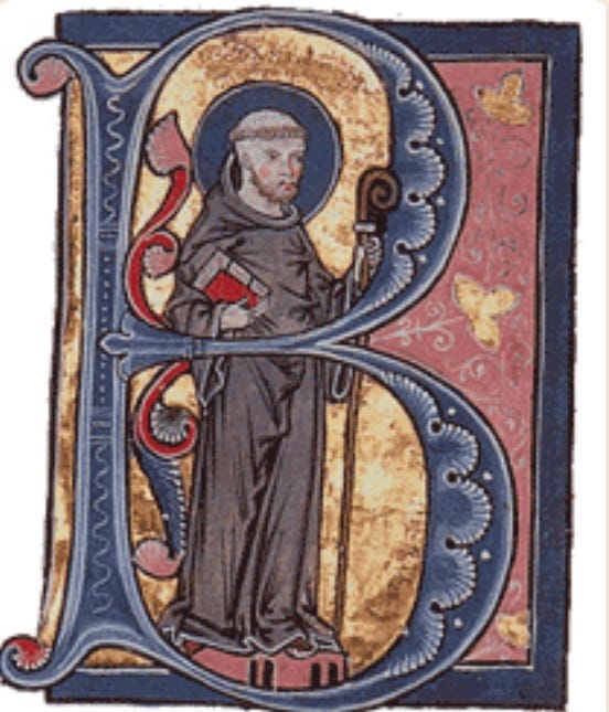 Illuminated initial B showing Bernard of Clairvaux in a monk's habit, holding a book and an abbot's crozier.