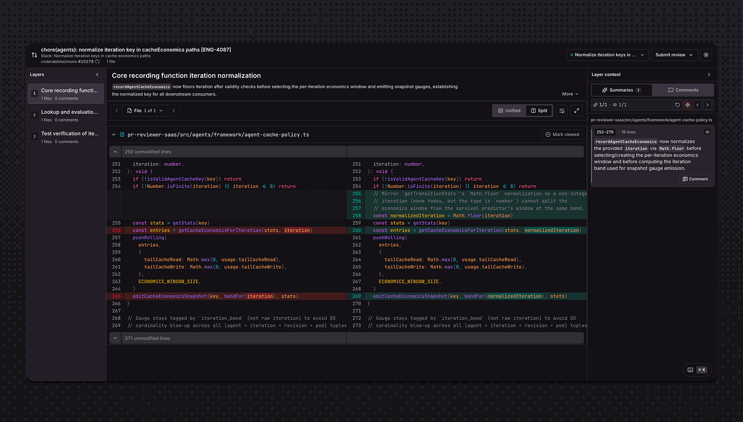 Dark-themed code editor displaying a Git pull request with a side-by-side code diff.