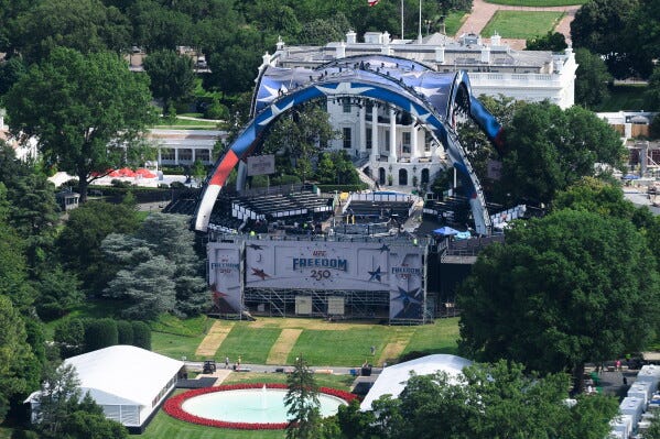 Workers continue building the stage for a future UFC fight on the South Lawn of the White House in Washington, Tuesday, June 9, 2026. (AP Photo/Cliff Owen)