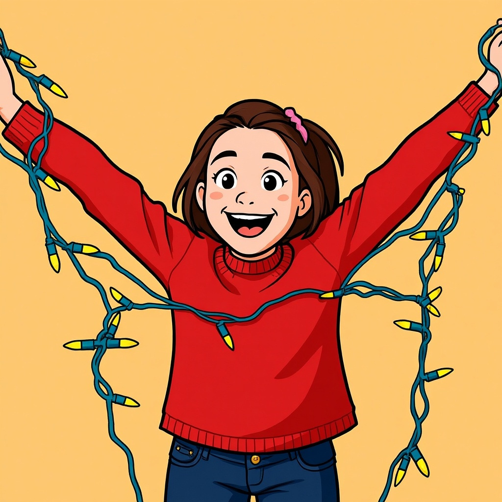 cartoon image of a girl excited that she untangled christmas lights