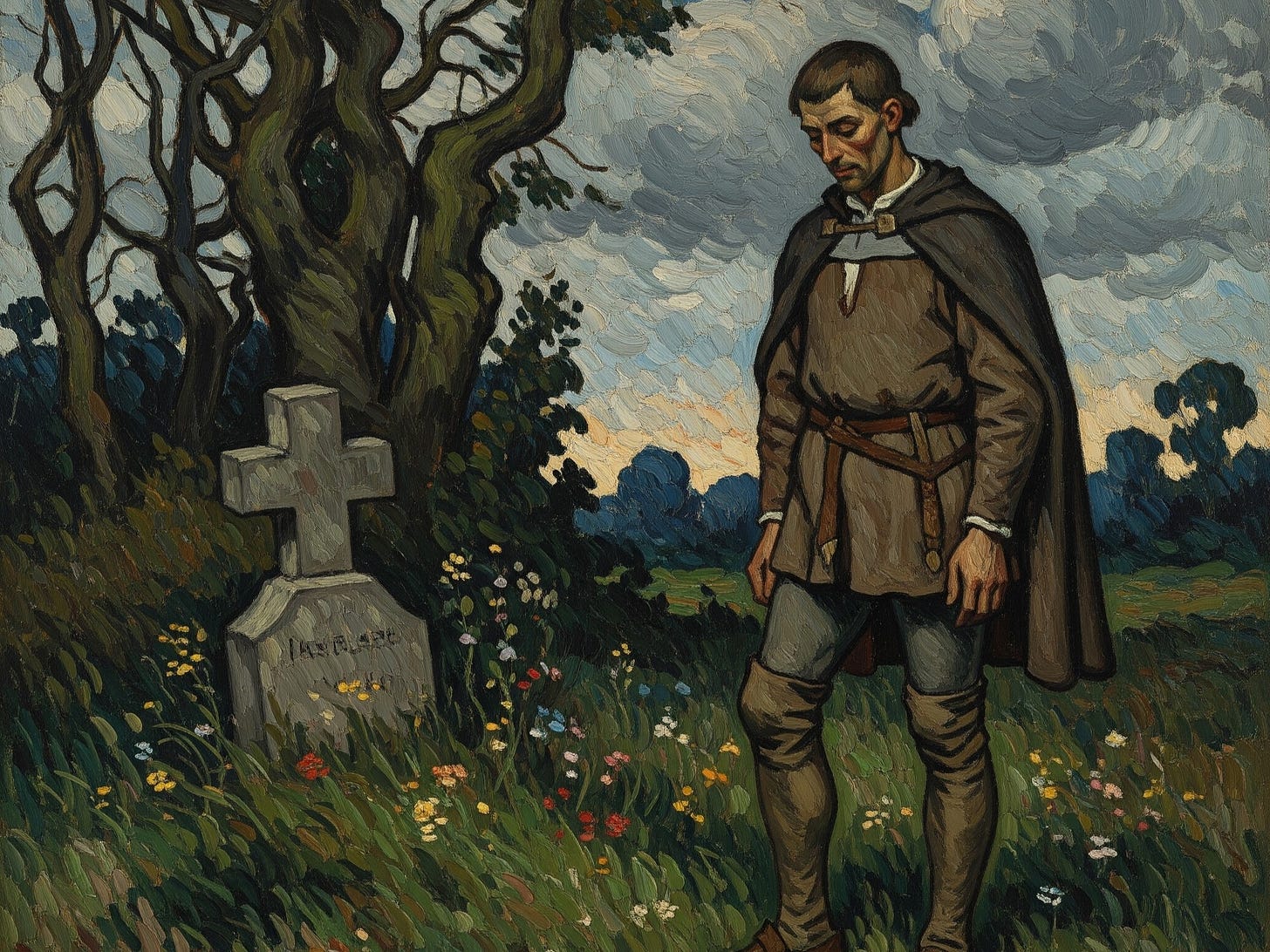 A man stands in front of a grave. 