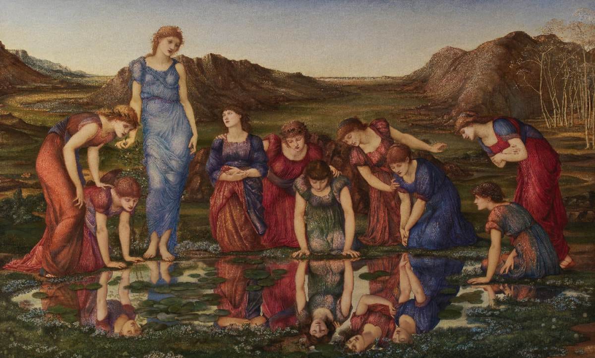 Edward Burne-Jones, The Mirror of Venus (1877). A row of women in flowing robes gaze down at their reflections in a still pool of water, set against a barren mountainous landscape.