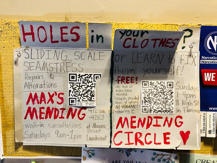 Two photos of flyers, one is a knit flyer asking for yarn donations and the other is a cardboard flyer advertising a mending circle