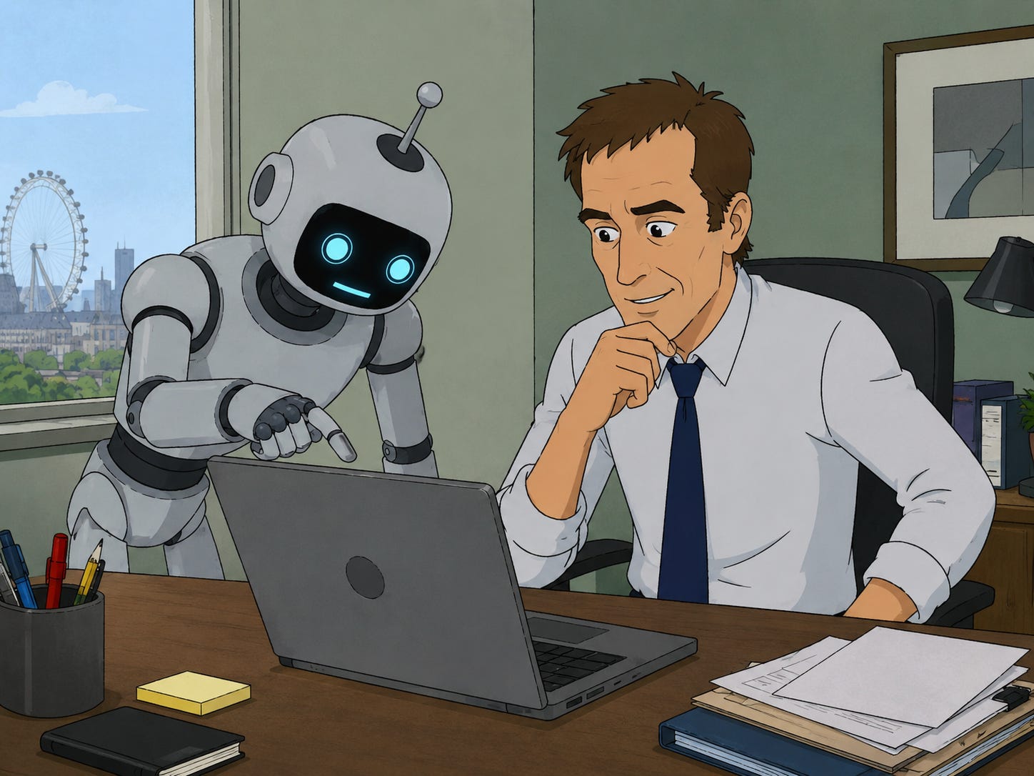AI-generated cartoon of a man sat in front of a laptop with a robot next to him pointing at something on screen