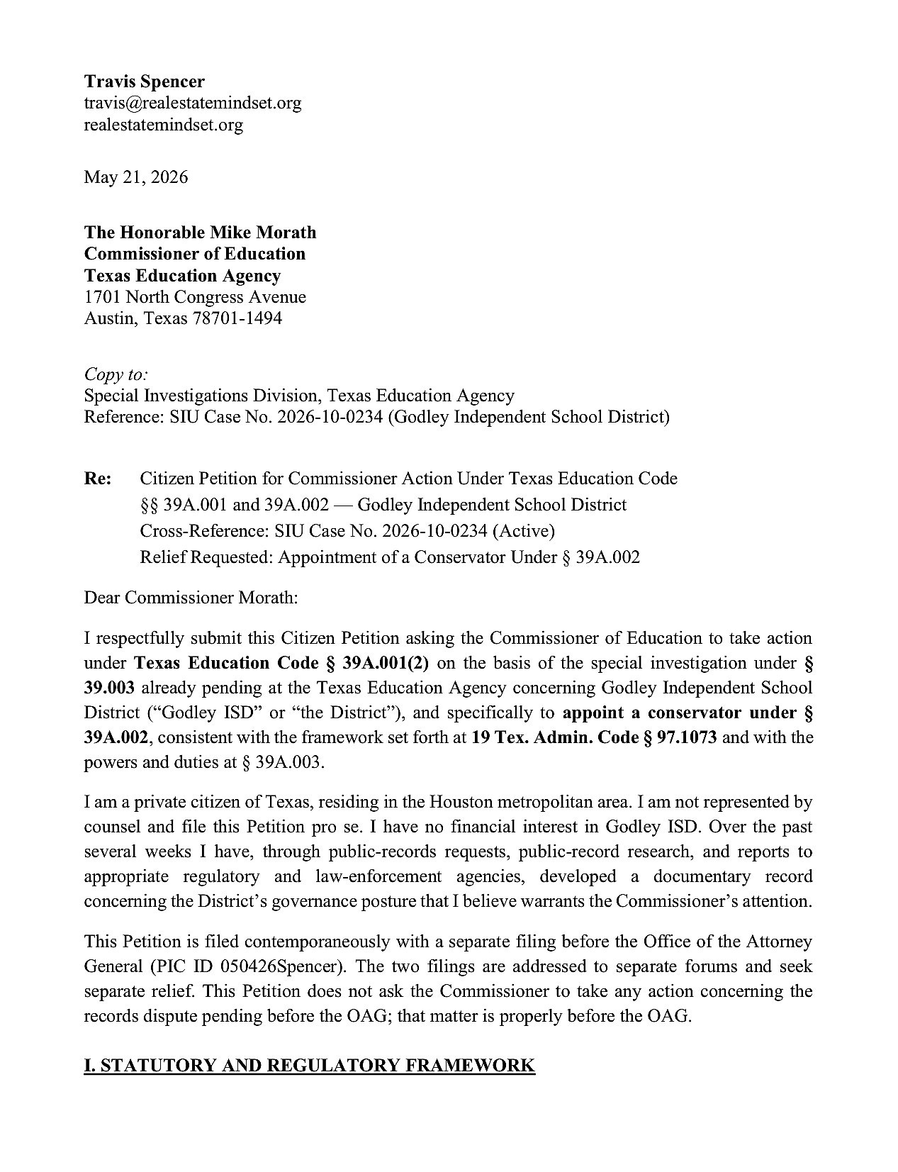 Cover of the citizen petition to the Texas Education Agency Commissioner requesting a conservator Cover of the citizen petition to the Texas Education Agency Commissioner requesting a conservator