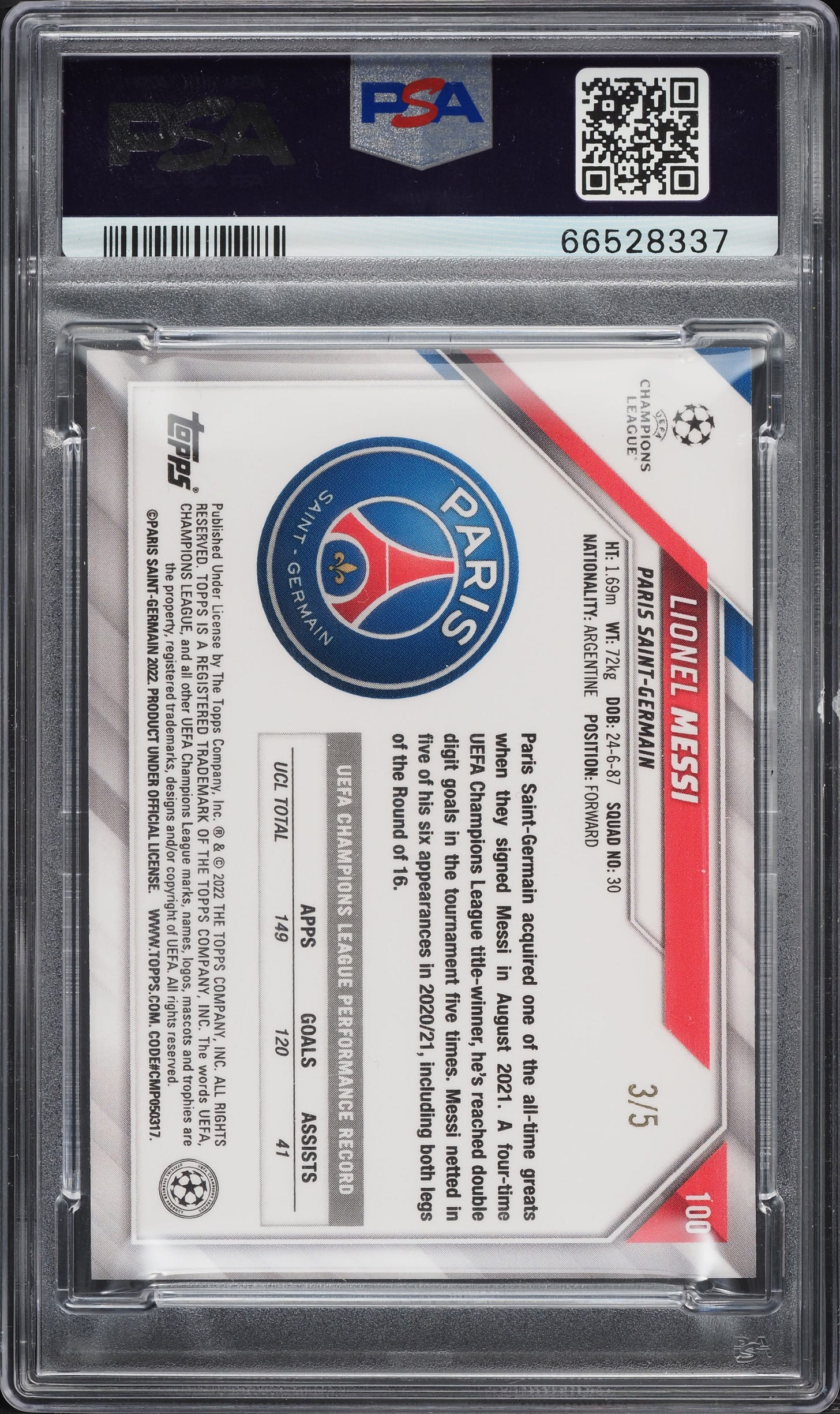 2021 Topps Chrome Sapphire UEFA Red Refractor Lionel Messi /5 #100 PSA 9 MINT - Back