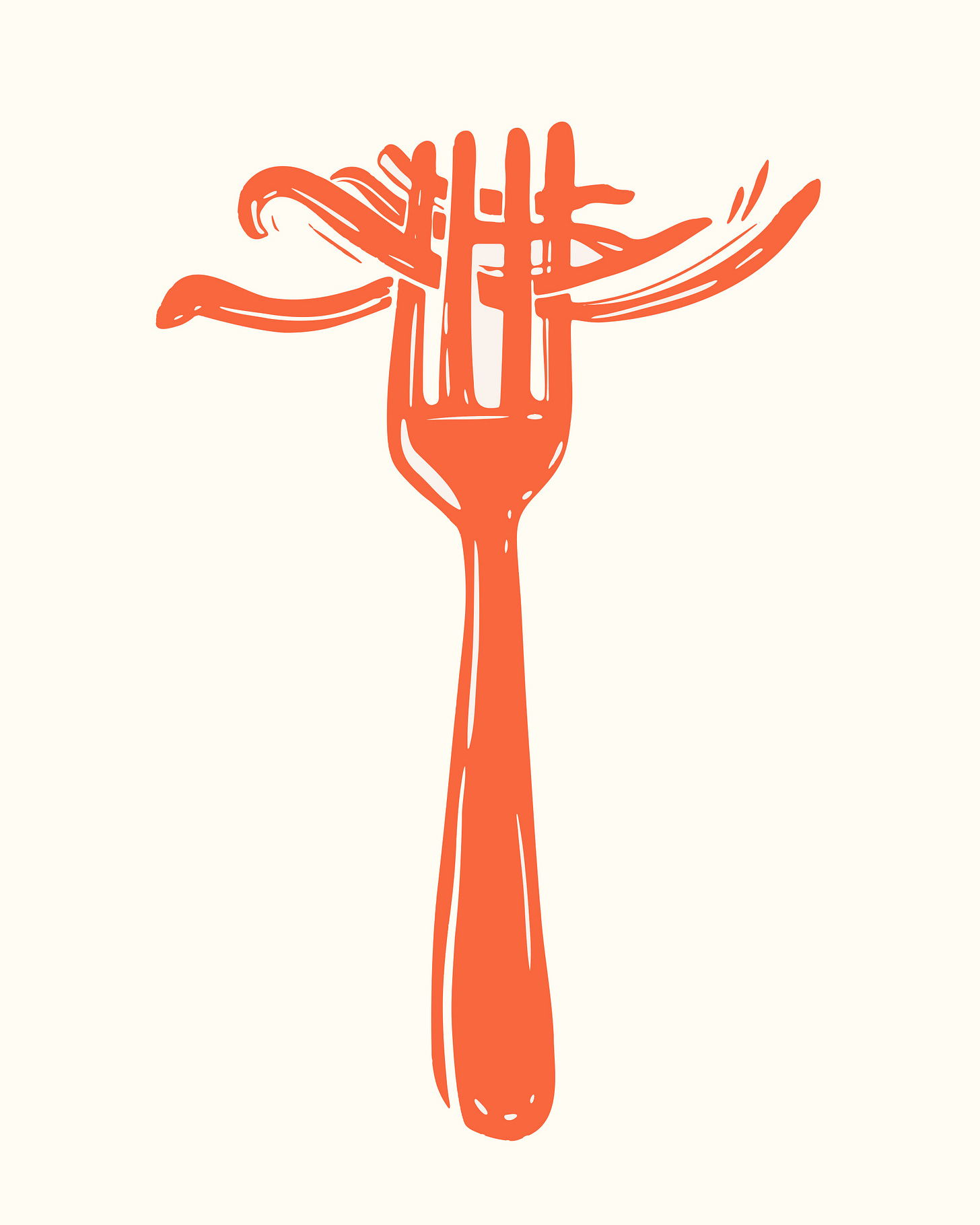Illustration of orange fork with pasta on off-white backround Illustration of orange fork with pasta on off-white backround