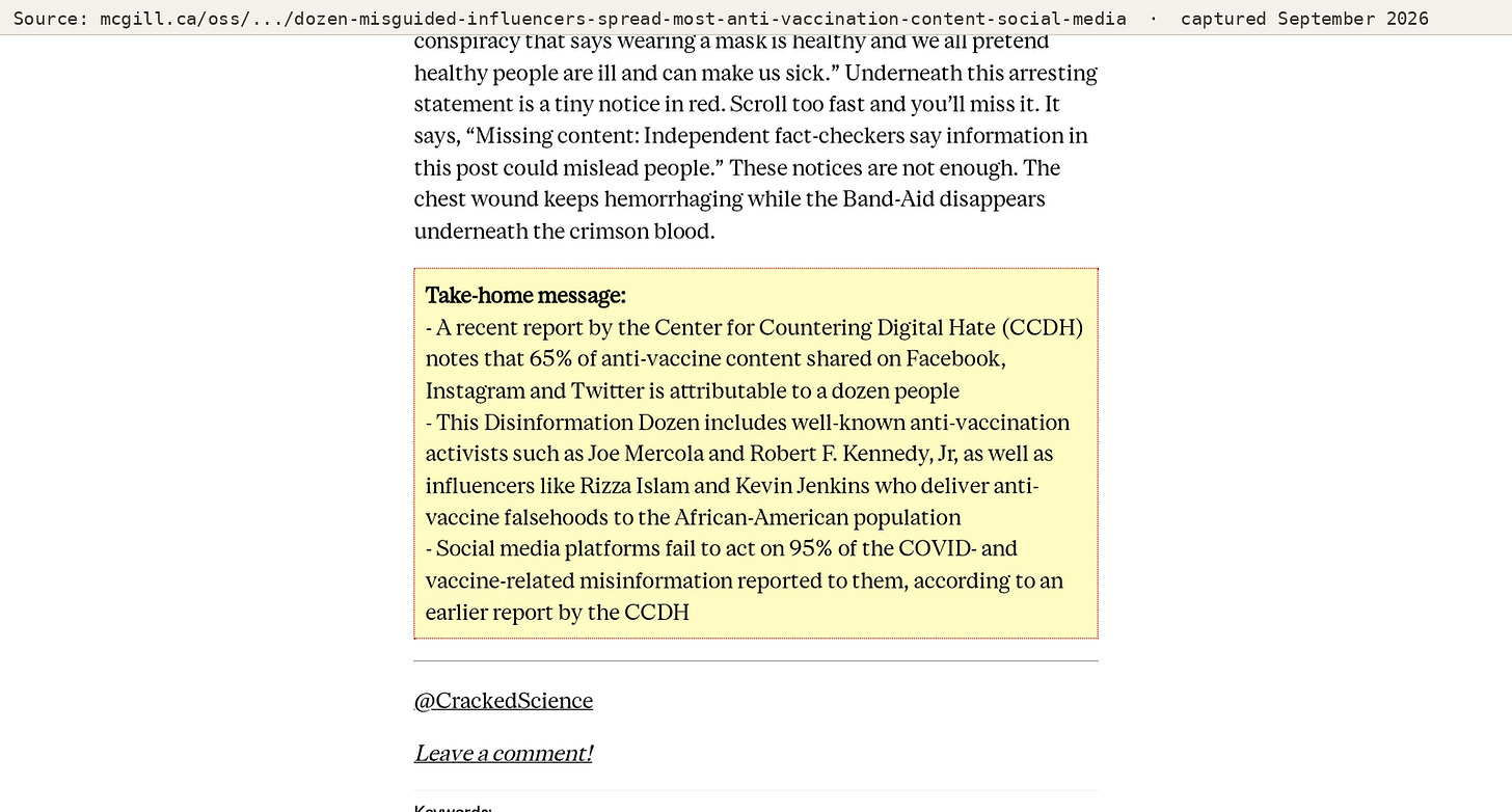 End of the McGill OSS 2021 article showing the take-home message box repeating the 65 percent claim, with no correction or editor's note