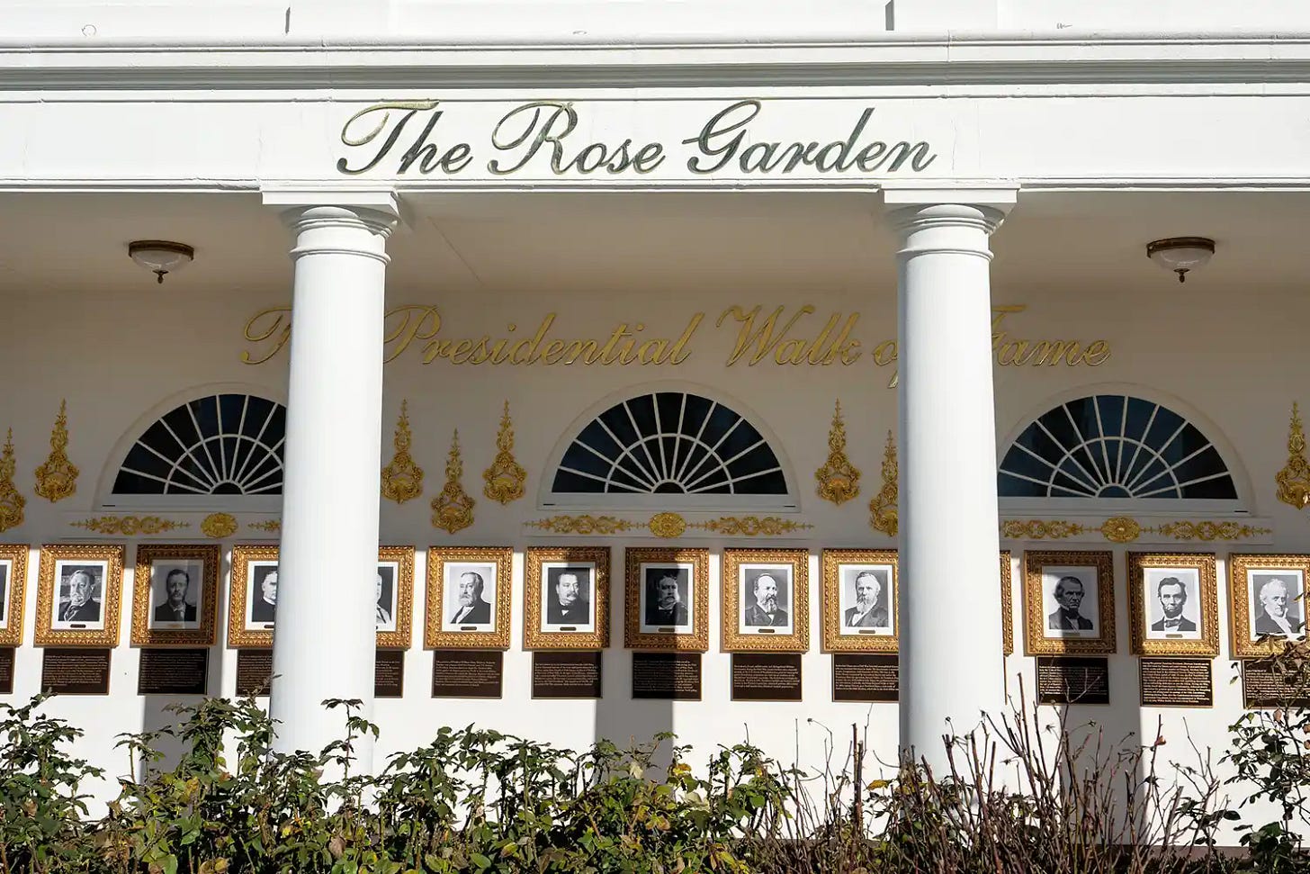 New signage appears over the White House Rose Garden on January 13, 2026 White House Rose Garden Sign, Washington, Dc, United States - 13 Jan 2026