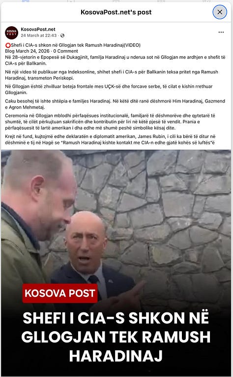 A series of near-identical reports and social media posts published on March 24, 2026 by multiple Kosovo and regional outlets falsely claimed that a "CIA chief for the Balkans" attended a gathering in Gllogjan hosted by Ramush Haradinaj, illustrating how an unverified narrative rapidly spread across the media ecosystem before being challenged.