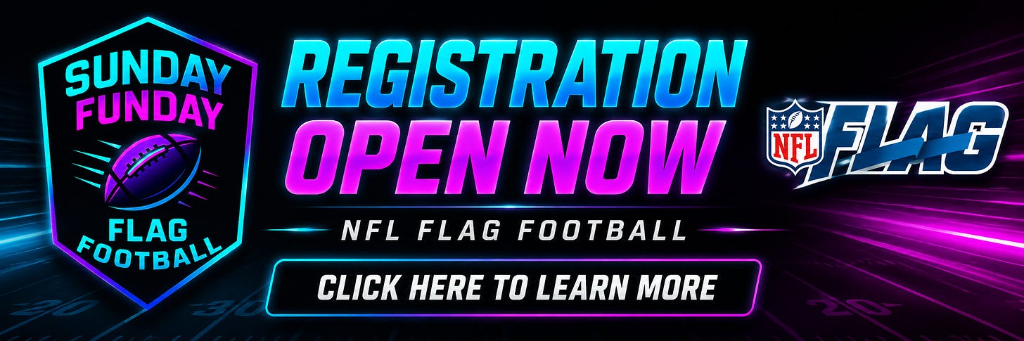 Sunday Funday Flag Football banner with the NFL FLAG logo announcing “Registration Open Now” in neon blue and pink, with a “Click Here to Learn More” button