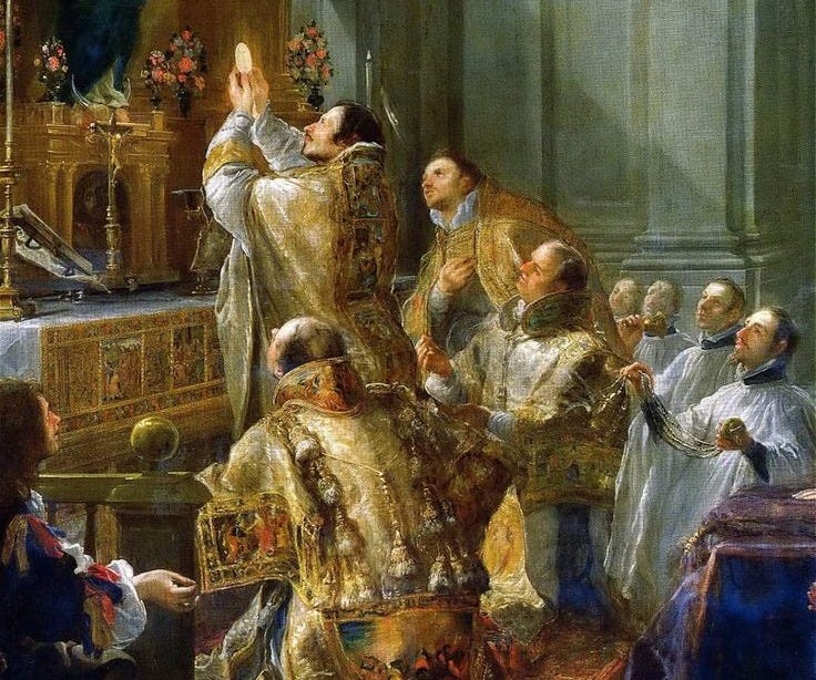 This may contain: an image of a painting of people in the middle of a room with angels flying overhead