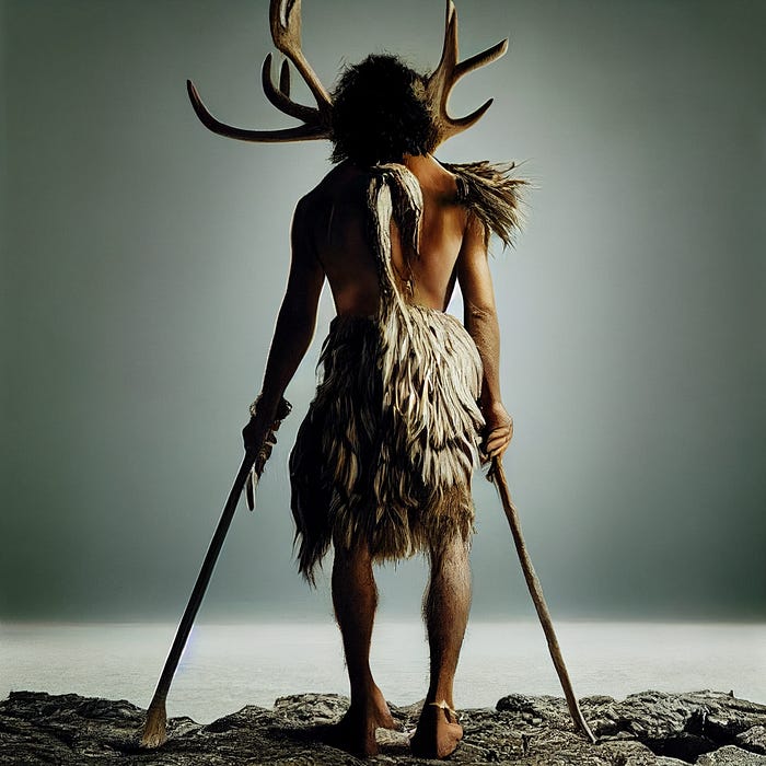 Twitch the cave-boy preparing to drum — AI image using Midjourney