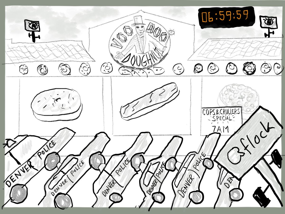 A cartoon drawing of police cars stacked up outside a Voodoo Doughnut store A cartoon drawing of police cars stacked up outside a Voodoo Doughnut store