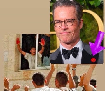 Multiple images of celebrities at formal events. One image shows Mark Ruffalo in a tuxedo with a red pin, another shows Ramy Youssef, Domhnall Gleeson, Billie Eilish, and others in formal attire with red pins. Additional images depict protests with raised hands and a person with red-stained hands leaning out a window. Other celebrities include Paul Giamatti, Emma Stone, Bradley Cooper, and Michelle Obama, all dressed formally with red pins.