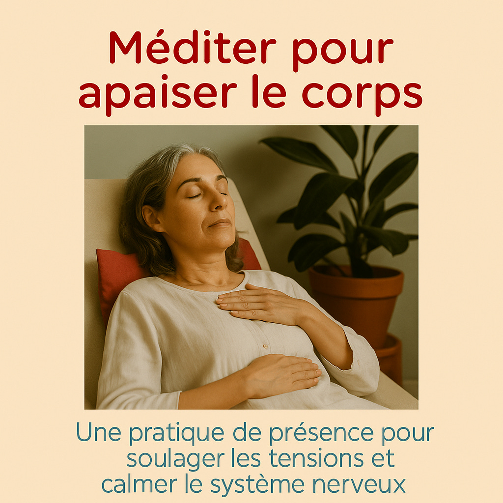 Femme détendue en posture de méditation, dans une atmosphère paisible. Les mots Méditer pour apaiser le corps, et les mots Une pratique de présence pour soulager les tensions et calmer le système nerveux