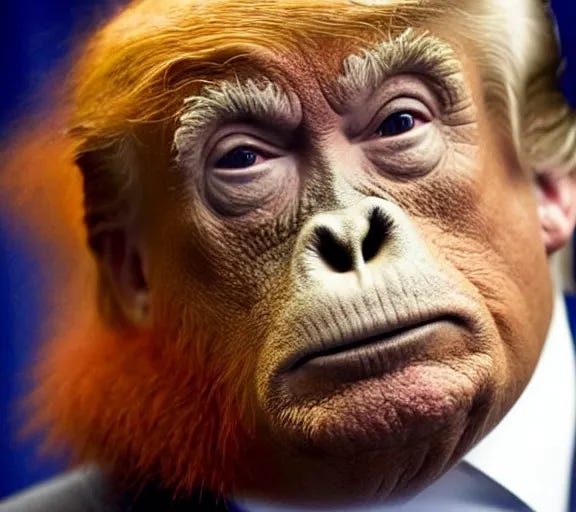 Prompt: donald trump and orangutan hybrid, white house press conference, ap news photo