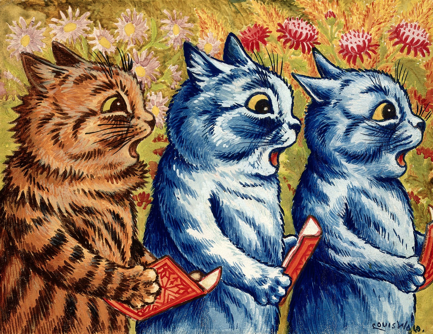 Three cats singing, a conventional Louis Wain cat illustration from his later years