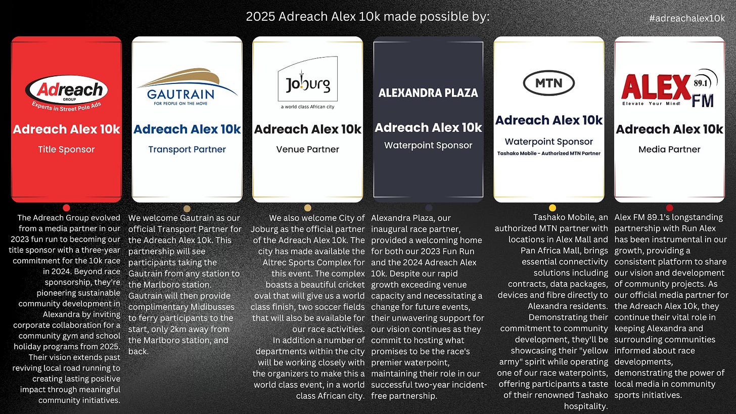 Adreach Alex 10k Sponsors; Adreach Group - Title SponsorGautrain - Transport Partner, City of Joburg - Venue Parner, Alexandra Plaza - Waterpoint Sponsor, MTN-Tashako Mobile - Waterpoint Sponsor and Alex FM 89.1 - Media Partner