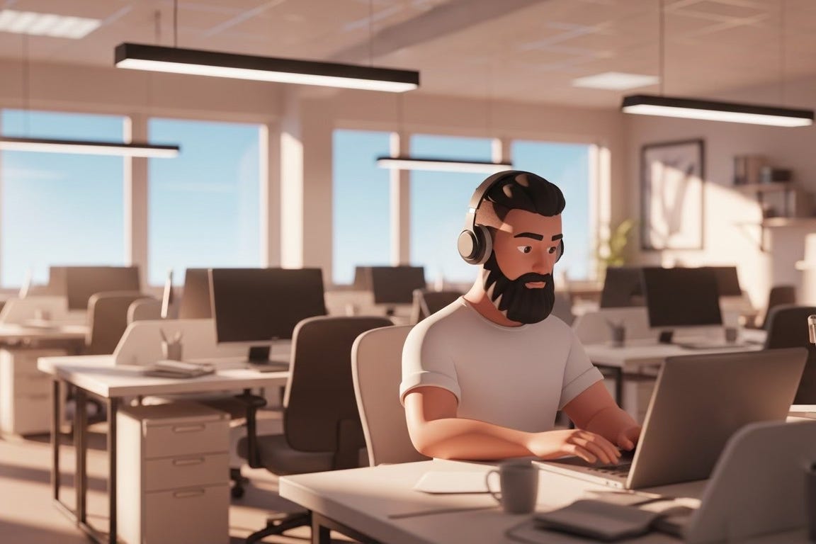 The interior of a modern advertising agency office, filled with empty desks. Sitting in the middle, typing on a laptop, is a young British Asian male with short dark hair and a thick black beard. He is wearing a white t-shirt and large over-ear headphones. He is the only person in the office. Bright sunlight streams in through the windows showing the blue sky outside.