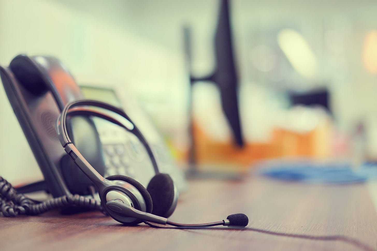 close up focus on call center headset device headset VOIP system with ...