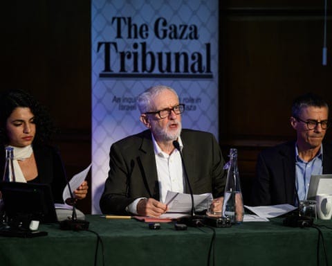 Shahd Hammouri, Jeremy Corbyn and Neve Gordon at the opening of the tribunal Shahd Hammouri, Jeremy Corbyn and Neve Gordon at the opening of the tribunal