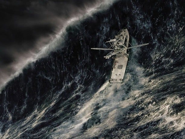 A fishing boat rides up a huge storm wave thats about to crash on top of it. A fishing boat rides up a huge storm wave thats about to crash on top of it.