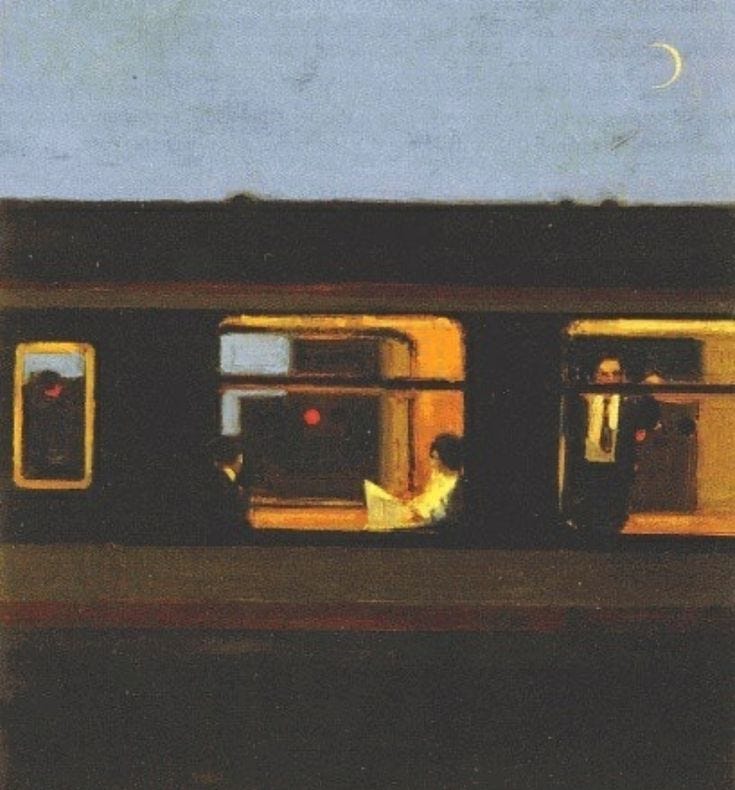 blurry image of people on a train with the moon in the sky the people look isolated and the colours are artistic and blurry
