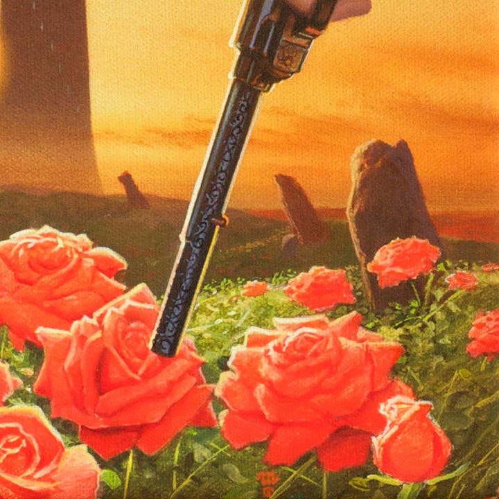 LEFT: Detail from SHOWDOWN AT END WORLD featuring a view of the Dark Tower with the sun descending to the horizon behind it. In the immediate foreground, only forearm and hand of the Gunslinger falls in frame as the long barrel points down to ground covered with roses. Scrollwork is etched on the underside of the metal and at the base of the sandalwood grips. RIGHT: Close detail from SHOWDOWN AT END WORLD featuring the scrollwork etched in the metal on the underside of Roland's big revolver.