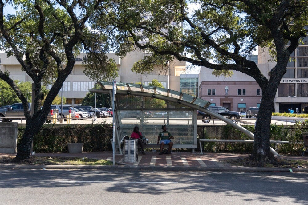 A pilot study by Houston Public Media found that tree shade was on average twice as cool as bus shelter shade. A pilot study by Houston Public Media found that tree shade was on average twice as cool as bus shelter shade.