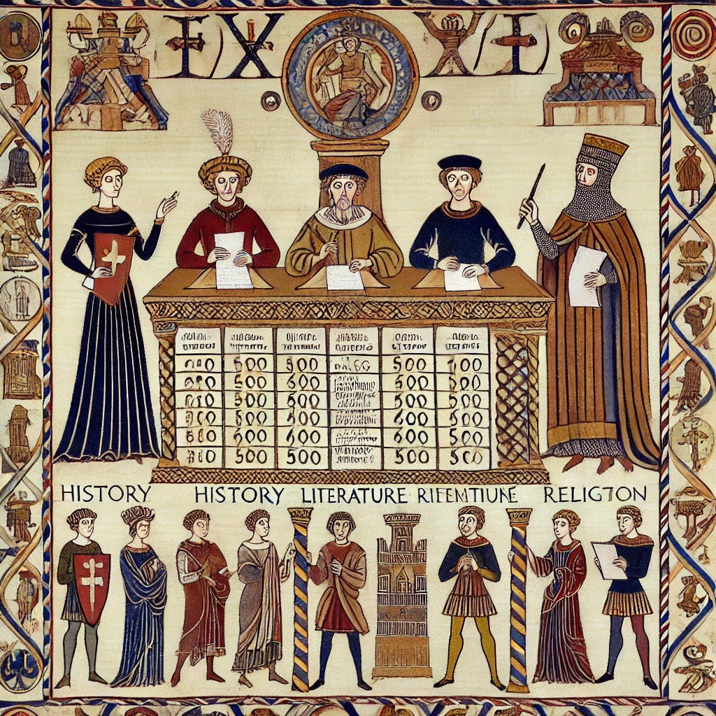 A medieval scribe playing a game show similar to Jeopardy, depicted in the style of the Bayeux Tapestry. Now, there are two additional contestants on either side of the scribe, each at their own podium. These contestants are dressed in medieval garb, one holding a scroll and the other with a quill. The game board is visible with categories like history, literature, and religion. The background continues with intricate patterns and a tapestry-like border with medieval symbols and stylized figures, keeping the muted tones and storytelling style typical of the Bayeux Tapestry. A medieval scribe playing a game show similar to Jeopardy, depicted in the style of the Bayeux Tapestry. Now, there are two additional contestants on either side of the scribe, each at their own podium. These contestants are dressed in medieval garb, one holding a scroll and the other with a quill. The game board is visible with categories like history, literature, and religion. The background continues with intricate patterns and a tapestry-like border with medieval symbols and stylized figures, keeping the muted tones and storytelling style typical of the Bayeux Tapestry.