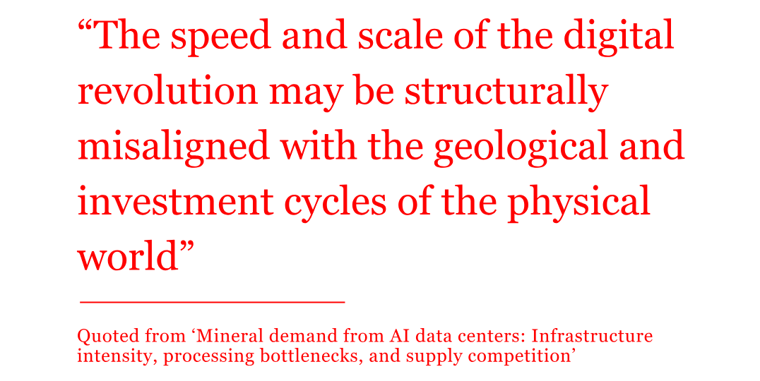 The pull quote reads: “The speed and scale of the digital revolution may be structurally misaligned with the geological and investment cycles of the physical world” The pull quote reads: “The speed and scale of the digital revolution may be structurally misaligned with the geological and investment cycles of the physical world”