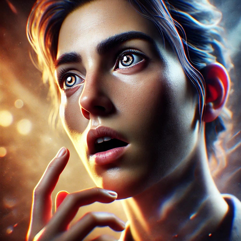 A hyperrealistic portrait of a person experiencing a profound realization, their eyes wide open, eyebrows slightly raised, and mouth slightly ajar, reflecting surprise and self-discovery. Their hand gently touches their chin in a thoughtful gesture. The background is abstract and blurred, with a mix of warm and cool tones symbolizing the internal struggle between previous beliefs and new perspectives. Dramatic lighting focuses on the face, emphasizing the depth of emotion. Cinematic style, hyperrealistic details, and an artistic touch enhance the intensity of the scene.