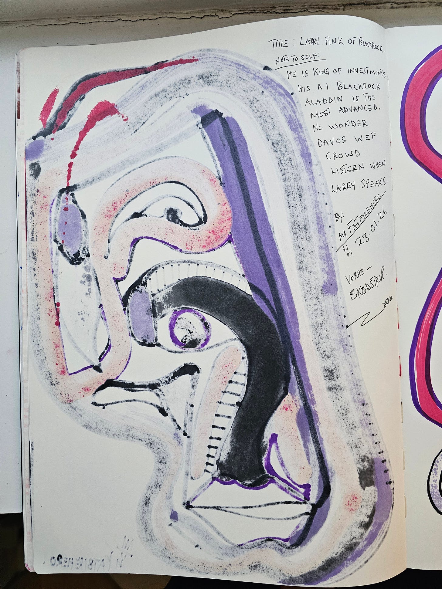 A bold, abstract ink and marker portrait of Larry Fink by FatbikeHero, featuring sweeping purple and magenta lines and a prominent, stylized eye representing the Aladdin AI. A bold, abstract ink and marker portrait of Larry Fink by FatbikeHero, featuring sweeping purple and magenta lines and a prominent, stylized eye representing the Aladdin AI.