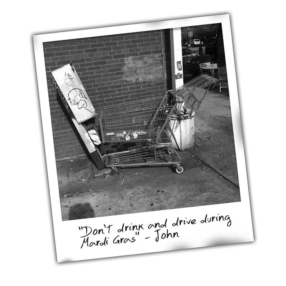 Polaroid photo of an abandoned shopping cart crashed into a telephone kiosk