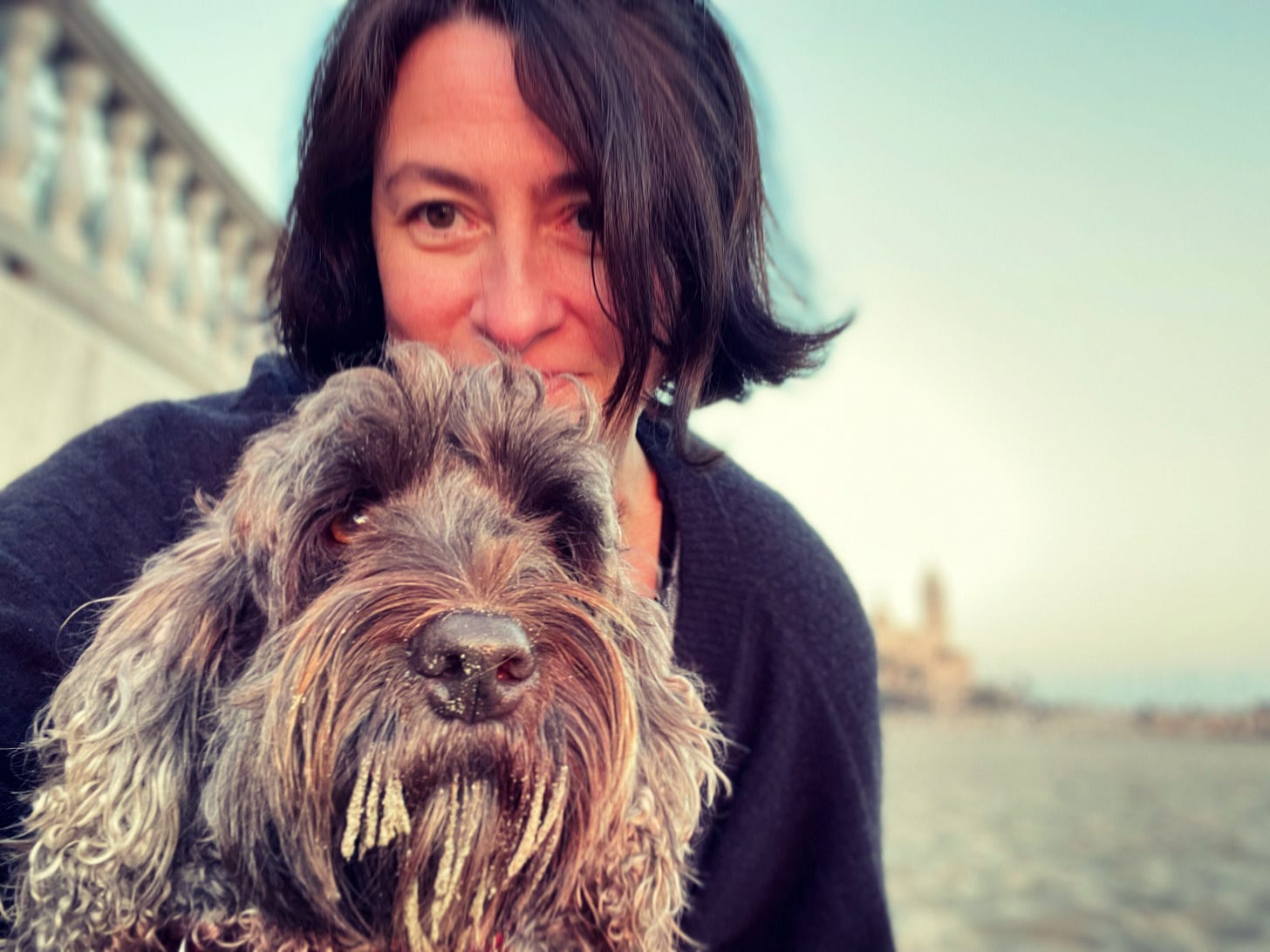 Colour close-up selfie of Sarah Farley with Woofy the cockapoo Colour close-up selfie of Sarah Farley with Woofy the cockapoo