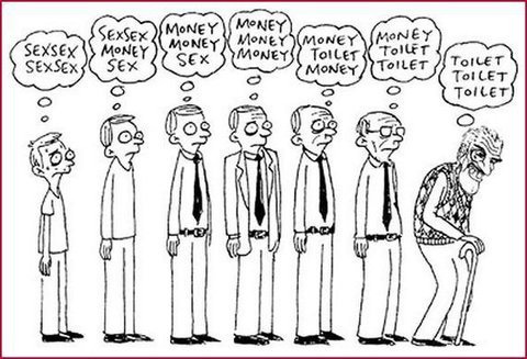 The life cycle of a man.. Thanks for the top 40 everybody this is my first &quot;Front page&quot; Post ever... Toilet=Money=Sex? So, Money + Money= Sex Sex + Sex= Money Sex + Money= Sex covered money and Toilet + Toilet= Sex &amp; Money, According to my math, I'm going t