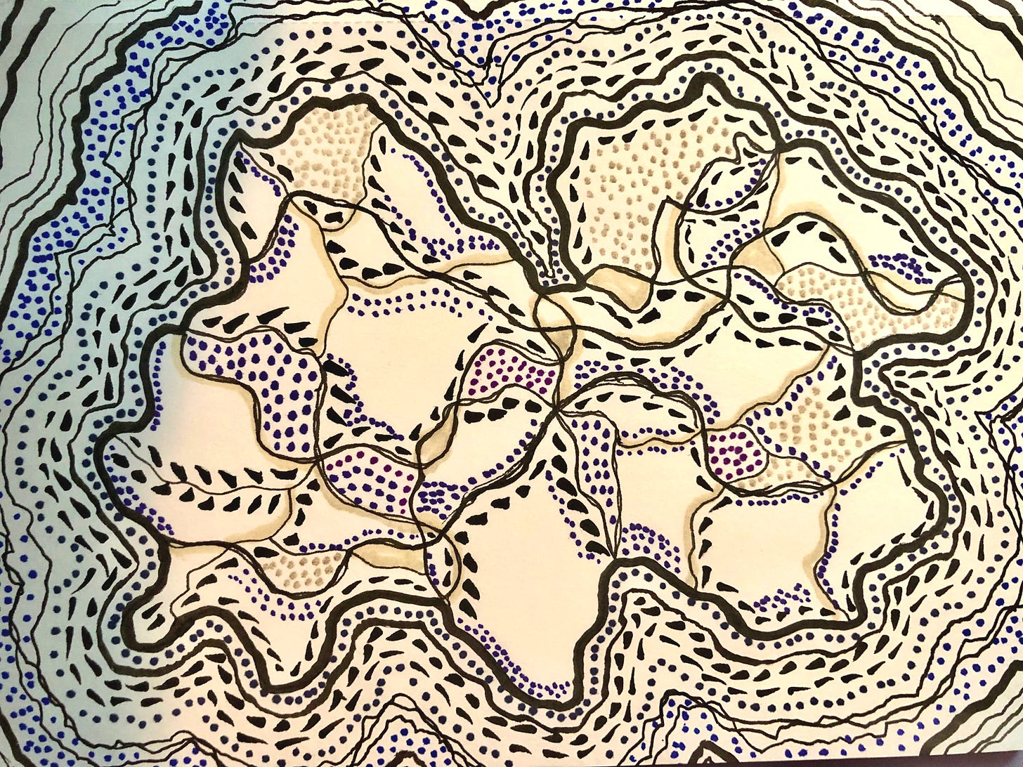 Abstract artwork with flowing organic forms in beige and cream tones, featuring intricate black line work and blue dotted patterns that create swirling, wave-like movements across the composition.